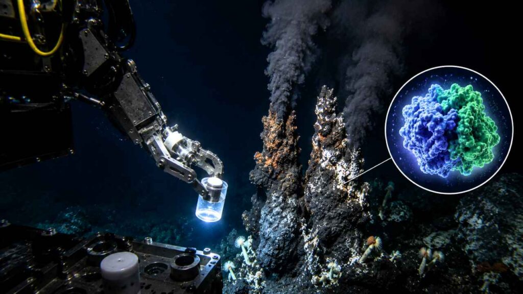 Braço robótico coleta amostras próximas a fontes hidrotermais no fundo do mar, onde cientistas estudam enzimas capazes de sobreviver à pressão extrema e que podem inspirar novas tecnologias industriais e espaciais.
