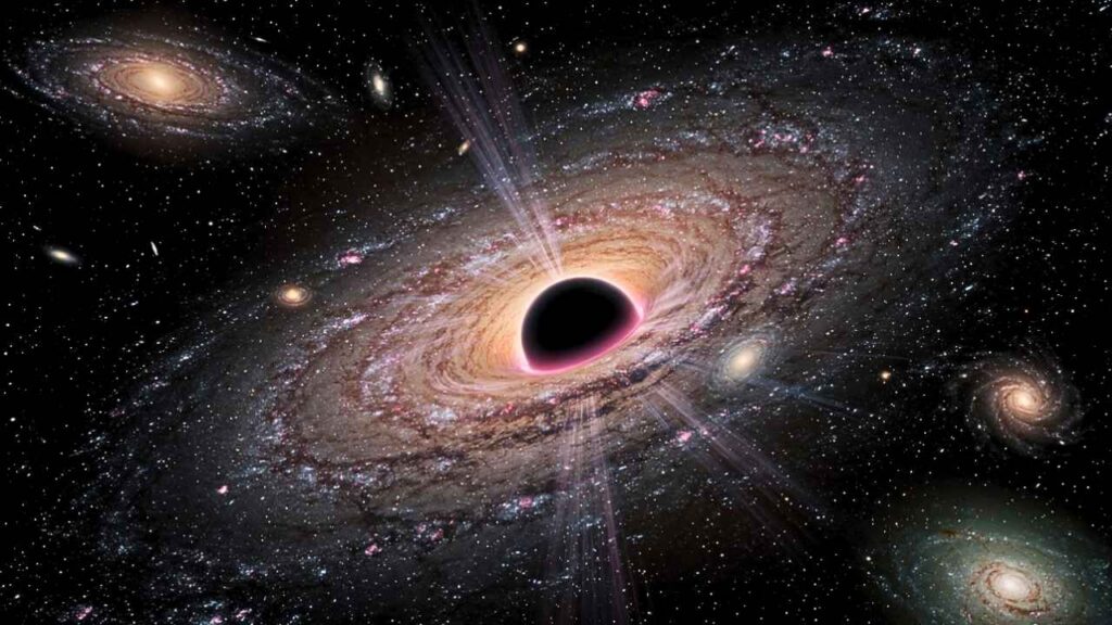 Descoberta do Telescópio Espacial James Webb que mostra uma galáxia primordial com menos de 1 bilhão de anos ejetando ventos violentos de gás a milhares de km/s um buraco negro supermassivo no centro impede a formação de novas estrelas e desafia a cosmologia